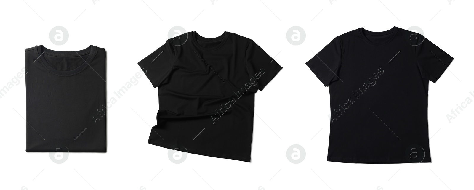 Image of Blank black t-shirts on white background, collage. Mockup for design