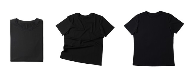 Blank black t-shirts on white background, collage. Mockup for design