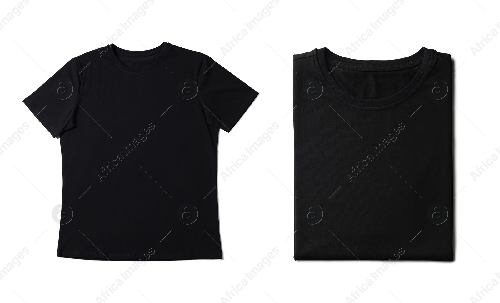 Image of Blank black t-shirts on white background, collage. Mockup for design