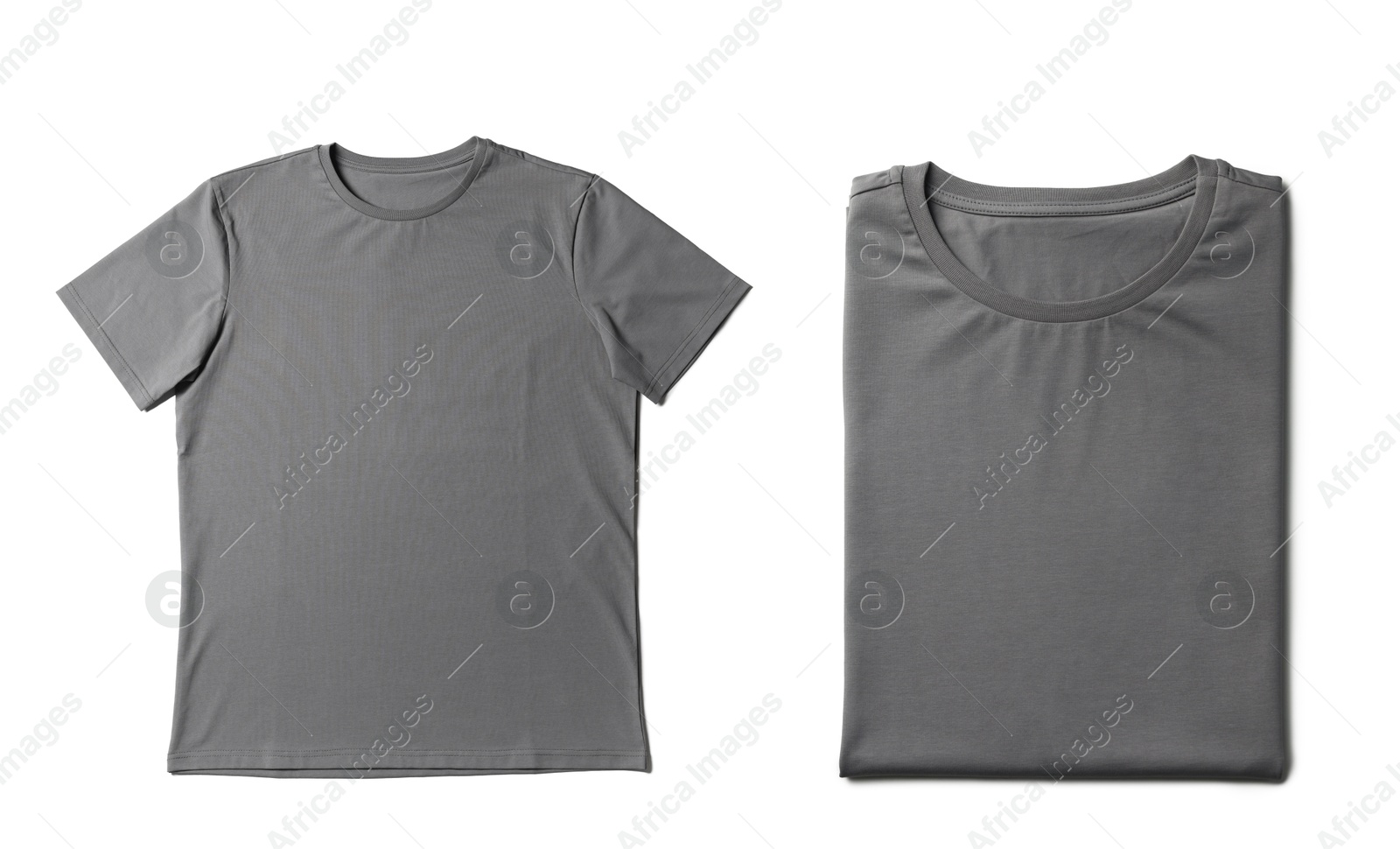 Image of Blank grey t-shirts on white background, collage. Mockup for design