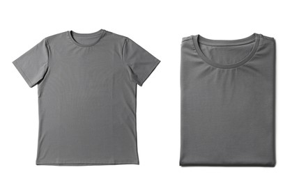 Blank grey t-shirts on white background, collage. Mockup for design