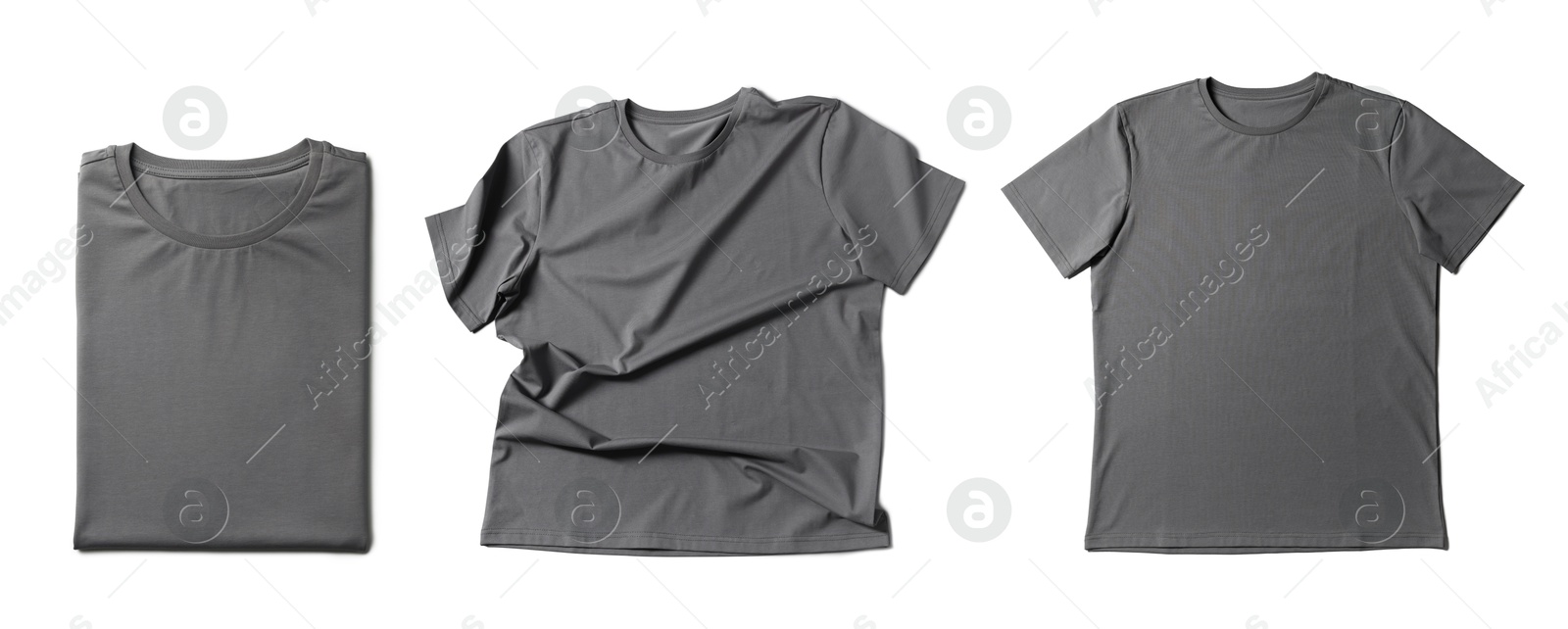 Image of Blank grey t-shirts on white background, collage. Mockup for design