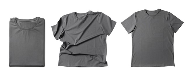 Image of Blank grey t-shirts on white background, collage. Mockup for design