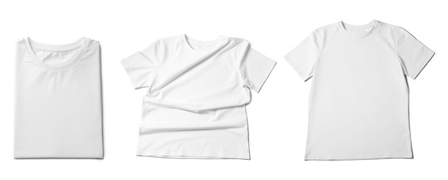 Image of Blank white t-shirts on white background, collage. Mockup for design