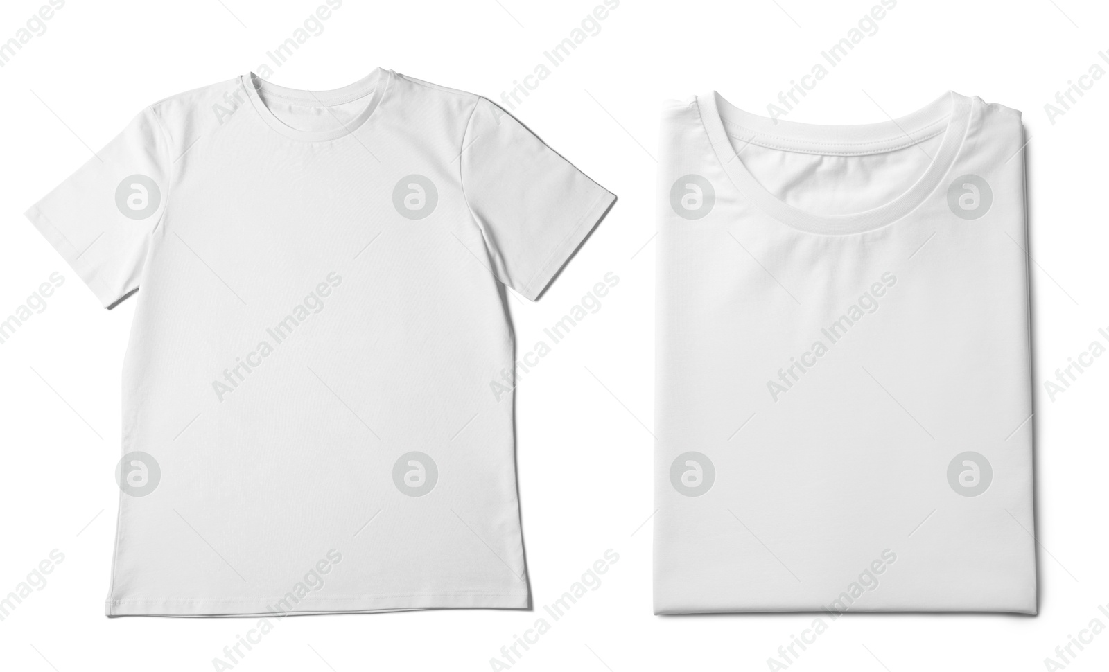 Image of Blank white t-shirts on white background, collage. Mockup for design