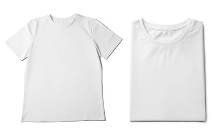 Image of Blank white t-shirts on white background, collage. Mockup for design