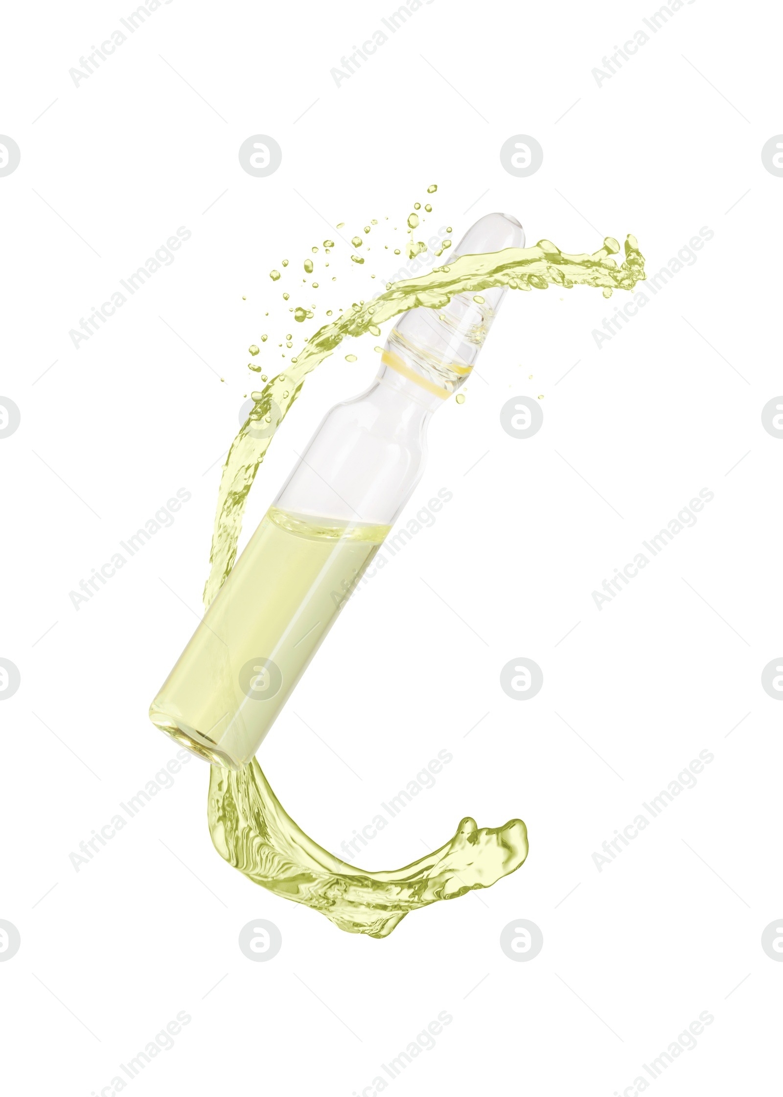 Image of Ampoule and splash of liquid in air on white background