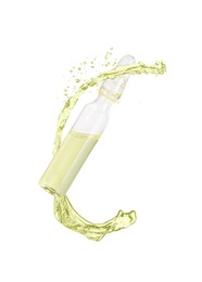 Image of Ampoule and splash of liquid in air on white background