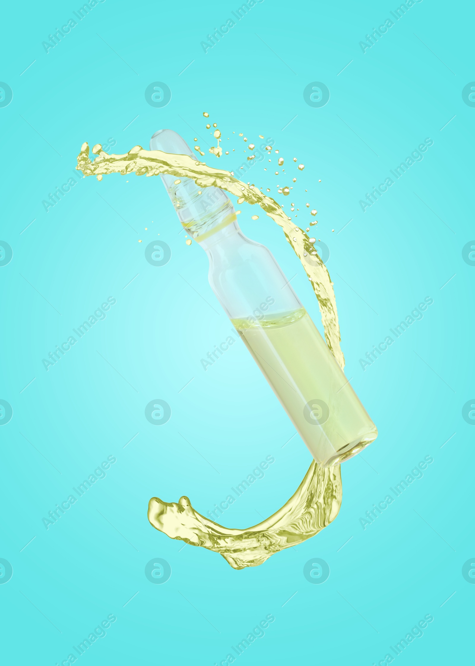 Image of Ampoule and splash of liquid in air on turquoise background