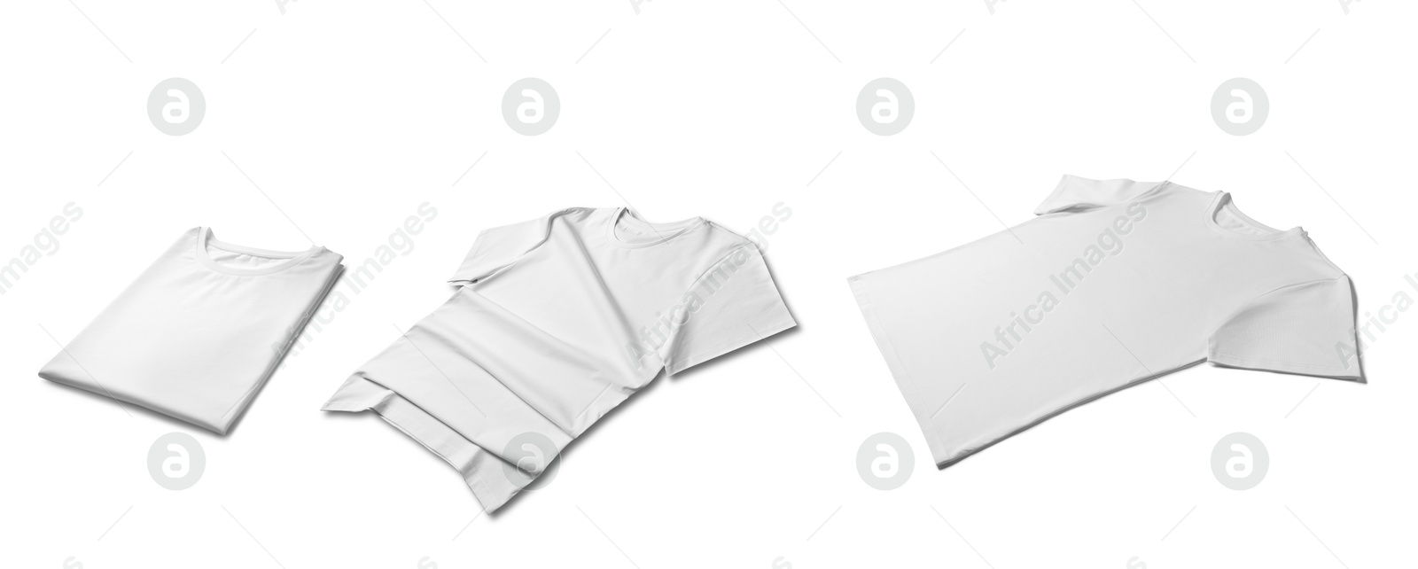 Image of Blank white t-shirts on white background, collage. Mockup for design