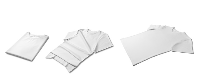 Image of Blank white t-shirts on white background, collage. Mockup for design