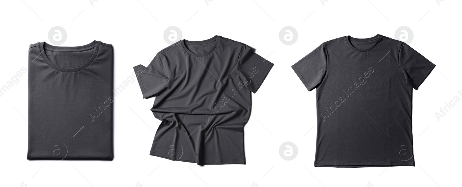 Image of Blank grey t-shirts on white background, collage. Mockup for design