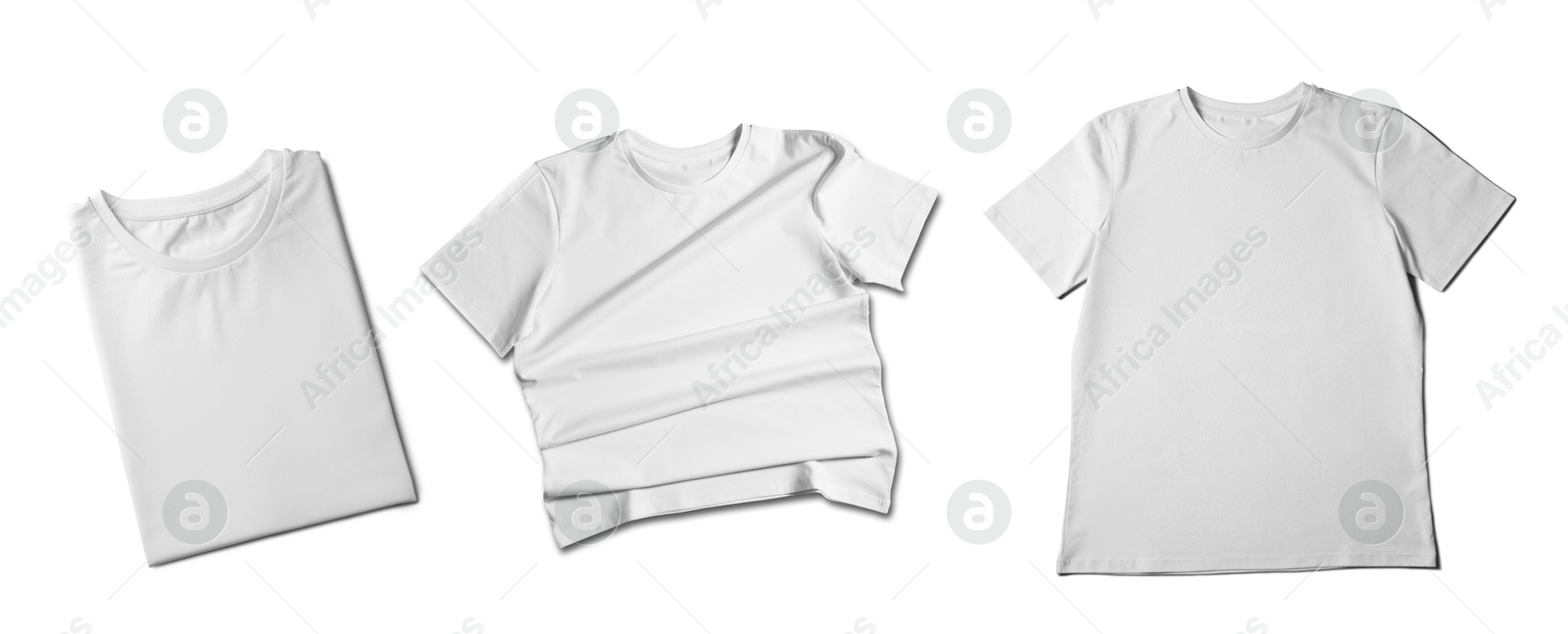 Image of Blank white t-shirts on white background, collage. Mockup for design