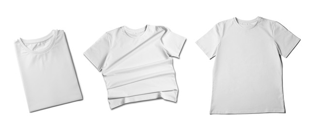 Image of Blank white t-shirts on white background, collage. Mockup for design