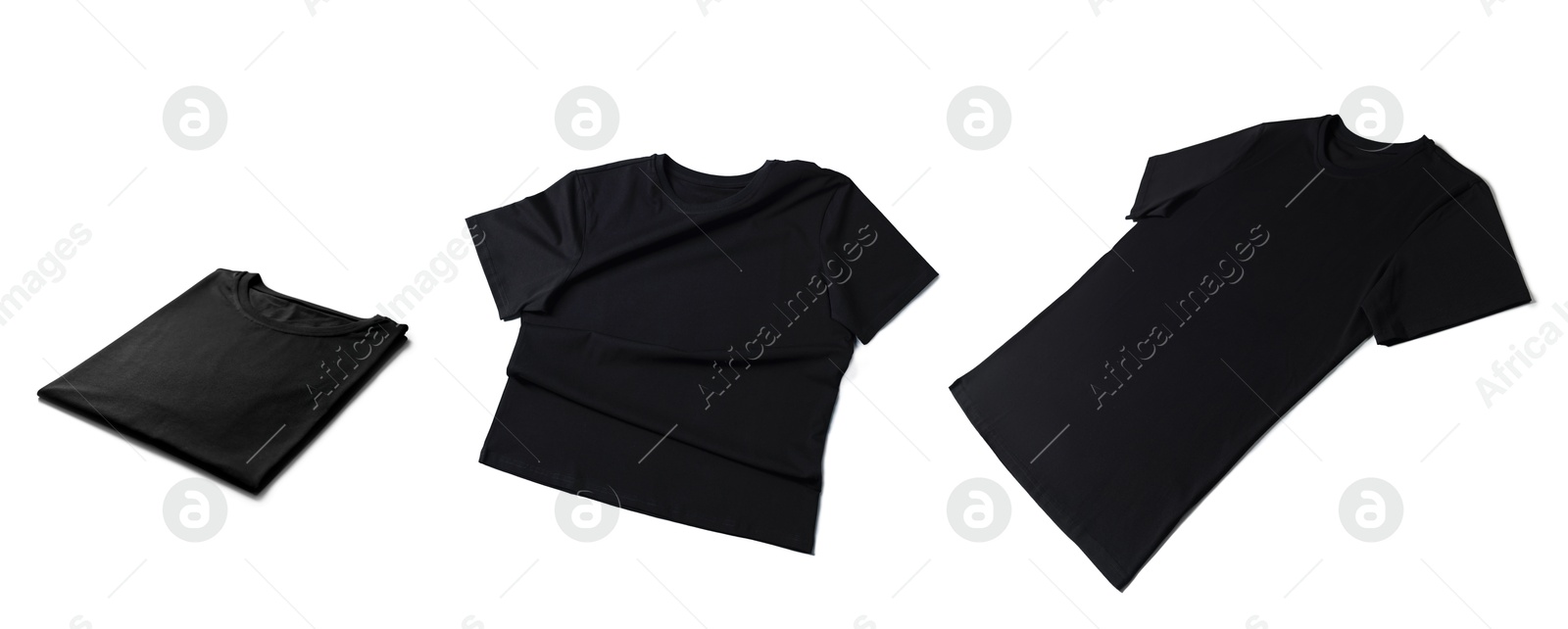 Image of Blank black t-shirts on white background, collage. Mockup for design