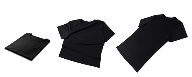 Blank black t-shirts on white background, collage. Mockup for design