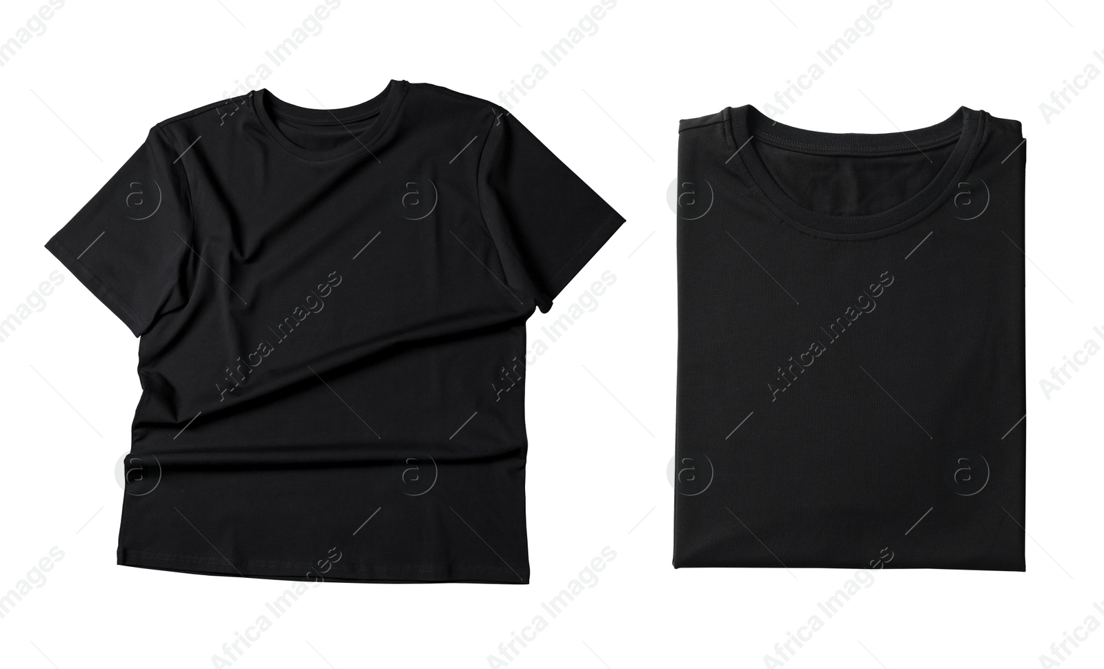 Image of Blank black t-shirts on white background, collage. Mockup for design