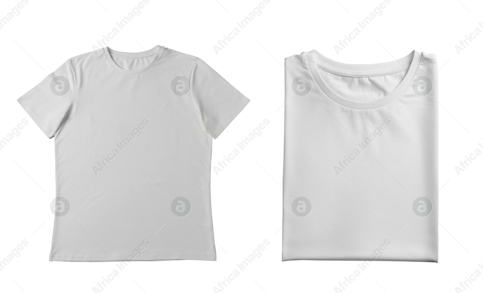 Image of Blank white t-shirts on white background, collage. Mockup for design