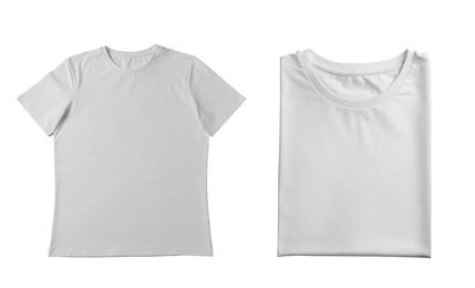 Image of Blank white t-shirts on white background, collage. Mockup for design