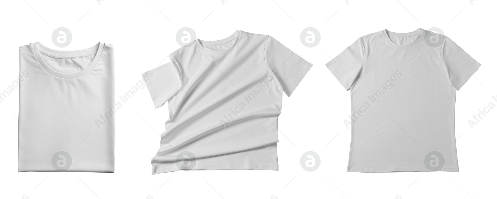 Image of Blank white t-shirts on white background, collage. Mockup for design