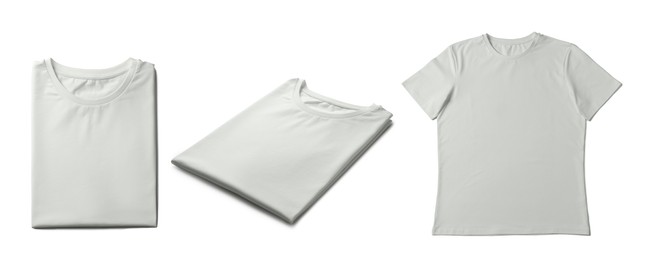 Image of Blank white t-shirts on white background, collage. Mockup for design