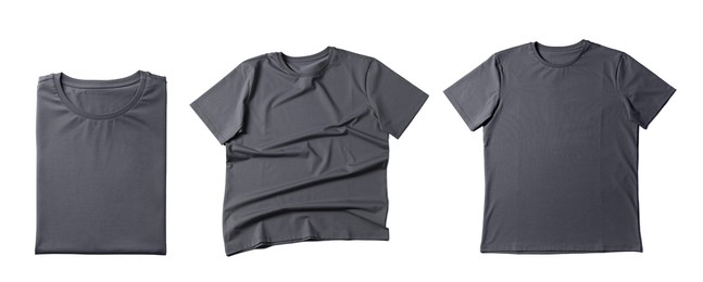 Image of Blank grey t-shirts on white background, collage. Mockup for design