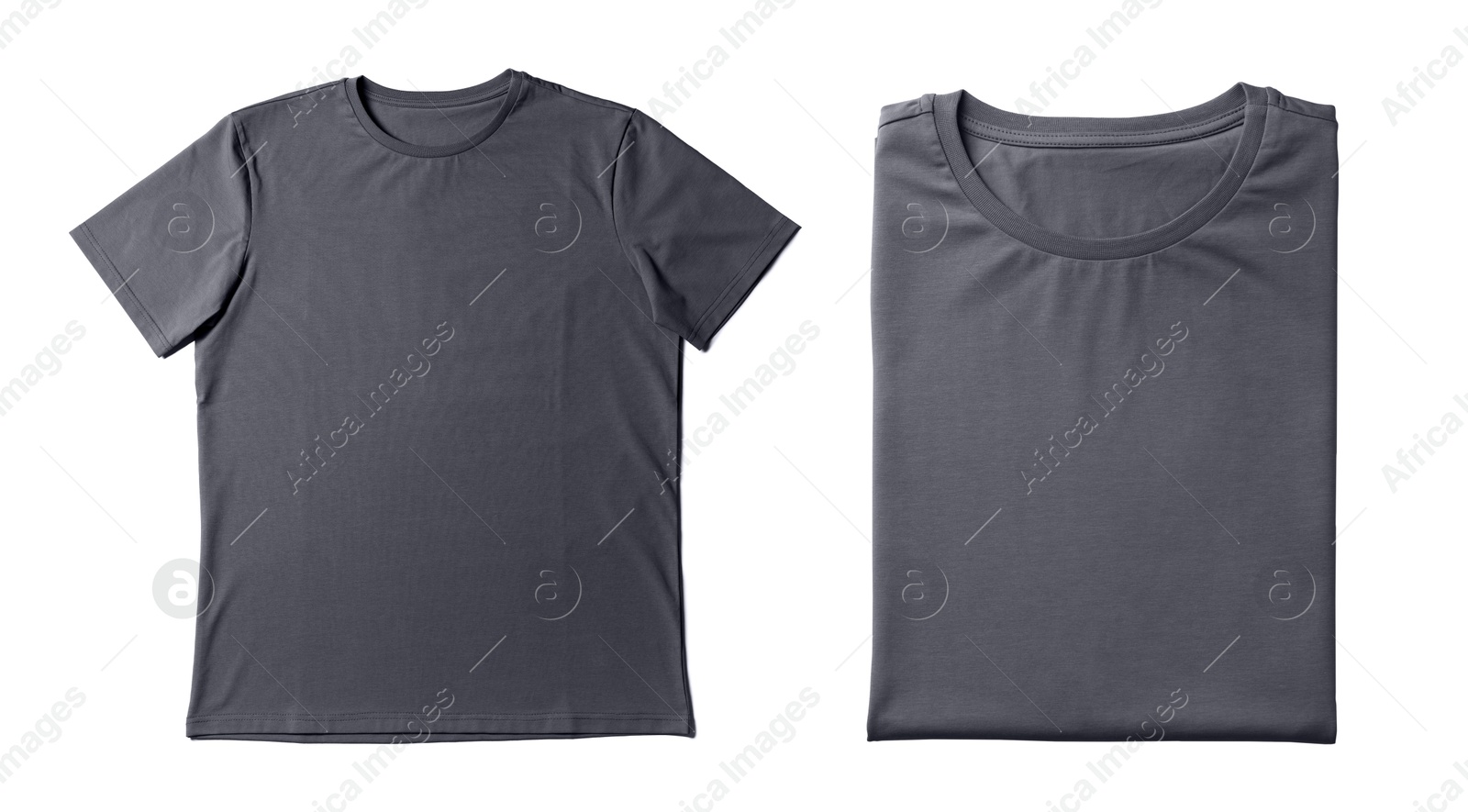 Image of Blank grey t-shirts on white background, collage. Mockup for design