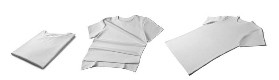 Image of Blank white t-shirts on white background, collage. Mockup for design