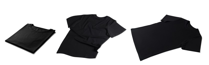 Image of Blank black t-shirts on white background, collage. Mockup for design