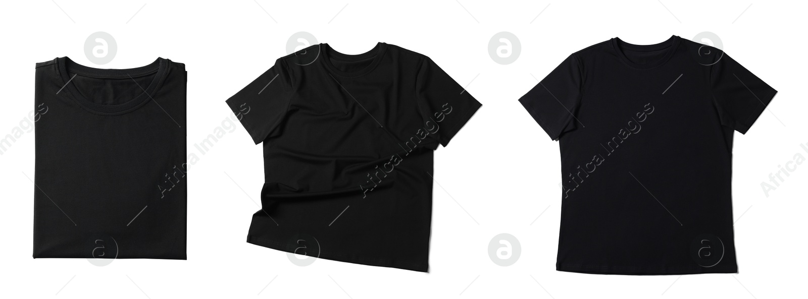 Image of Blank black t-shirts on white background, collage. Mockup for design