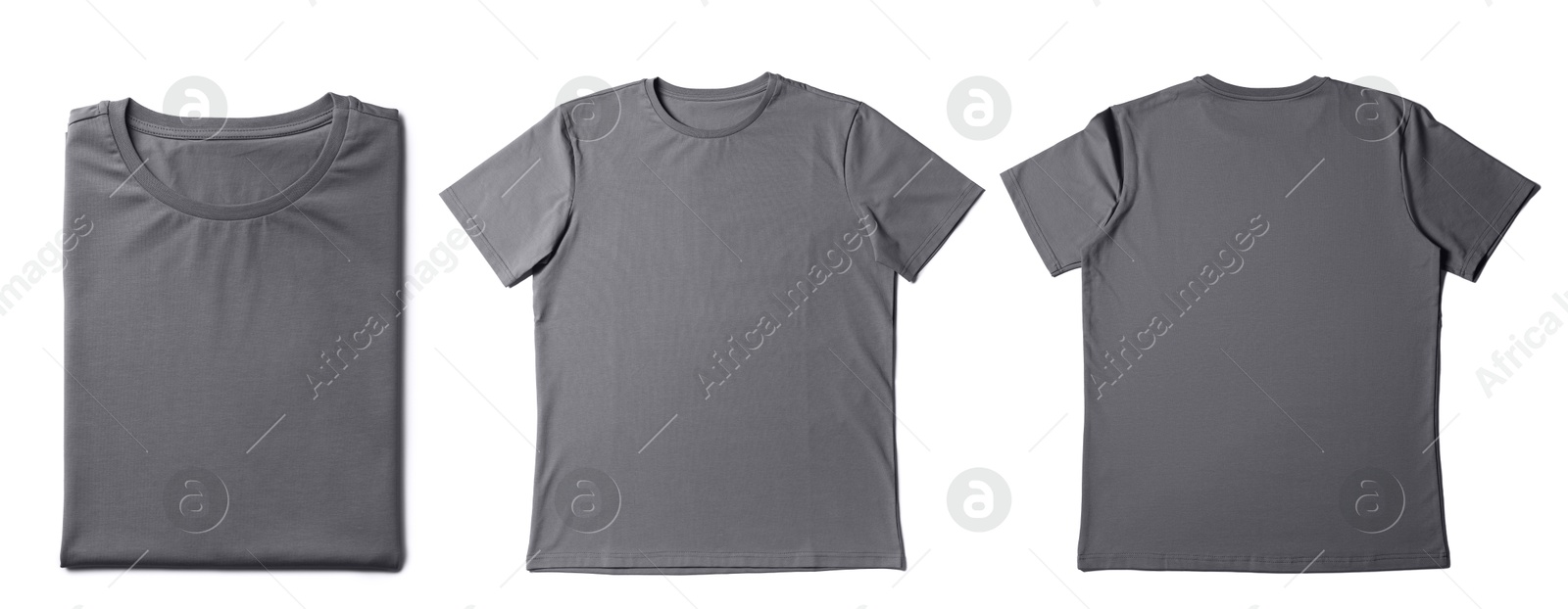 Image of Blank grey t-shirts on white background, collage. Mockup for design