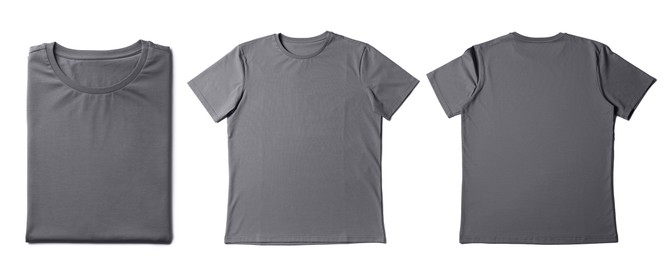 Image of Blank grey t-shirts on white background, collage. Mockup for design