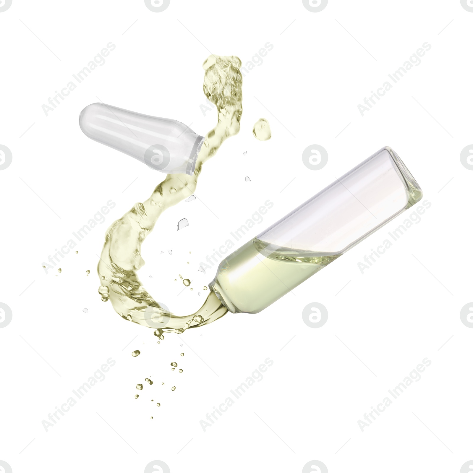 Image of Open ampoule with splashing liquid in air on white background