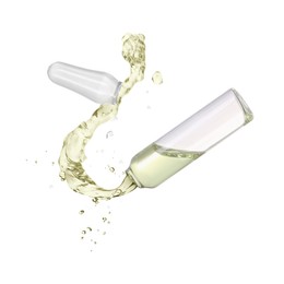 Image of Open ampoule with splashing liquid in air on white background