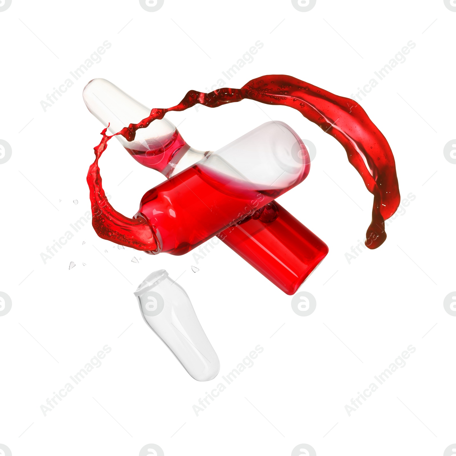 Image of Ampoules and one open with splashing liquid in air on white background