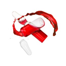 Image of Ampoules and one open with splashing liquid in air on white background