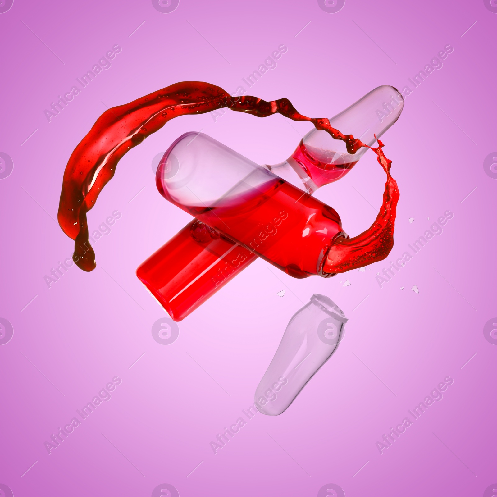 Image of Ampoules and one open with splashing liquid in air on magenta color background