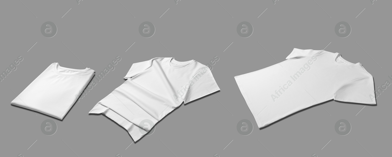 Image of Blank white t-shirts on grey background, collage. Mockup for design