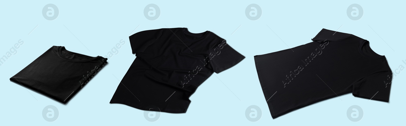 Image of Blank black t-shirts on light blue background, collage. Mockup for design