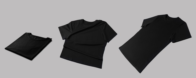 Blank black t-shirts on grey background, collage. Mockup for design