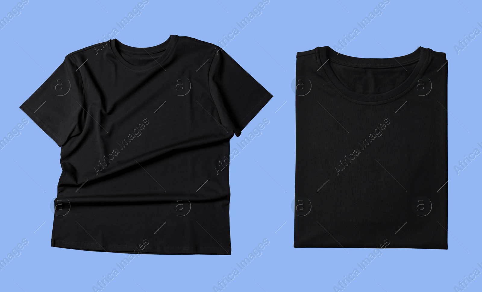 Image of Blank black t-shirts on light blue background, collage. Mockup for design