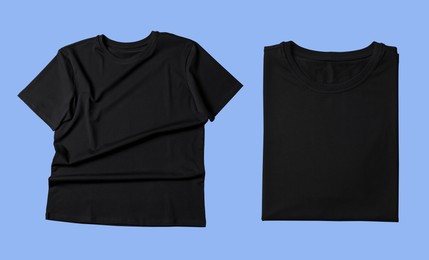 Blank black t-shirts on light blue background, collage. Mockup for design