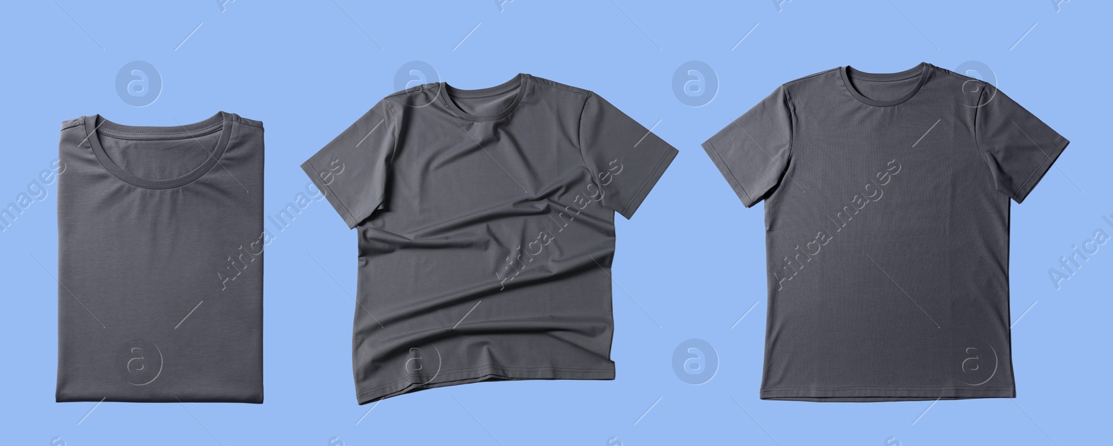 Image of Blank grey t-shirts on light blue background, collage. Mockup for design