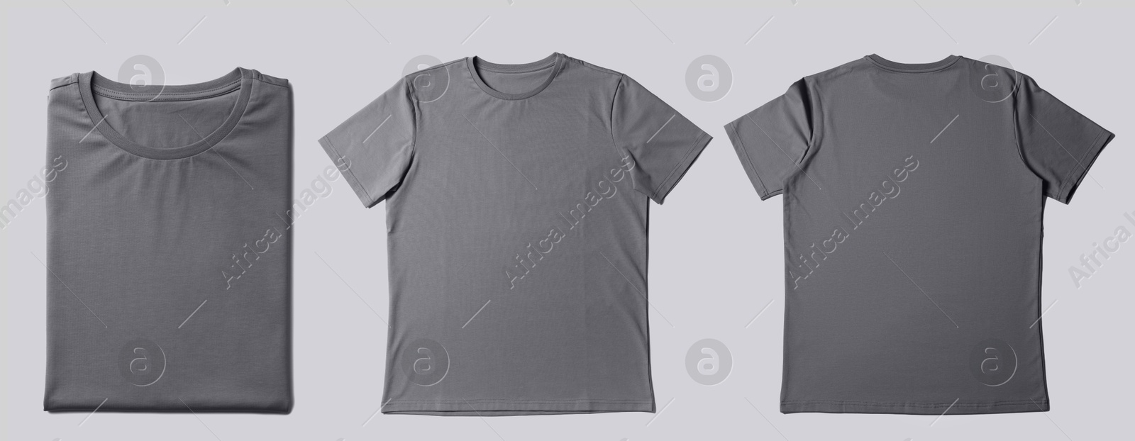 Image of Blank grey t-shirts on light grey background, collage. Mockup for design