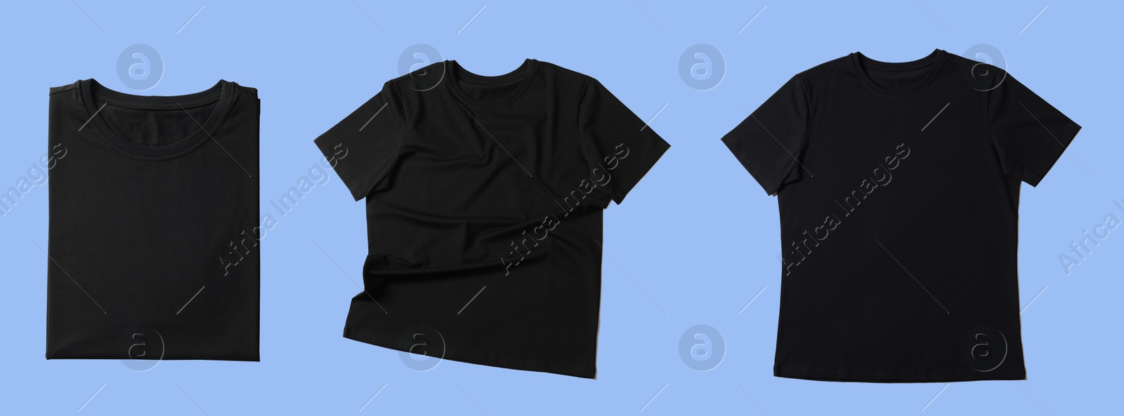 Image of Blank black t-shirts on light blue background, collage. Mockup for design