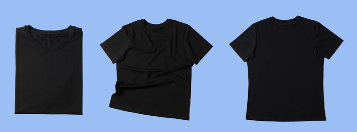 Image of Blank black t-shirts on light blue background, collage. Mockup for design