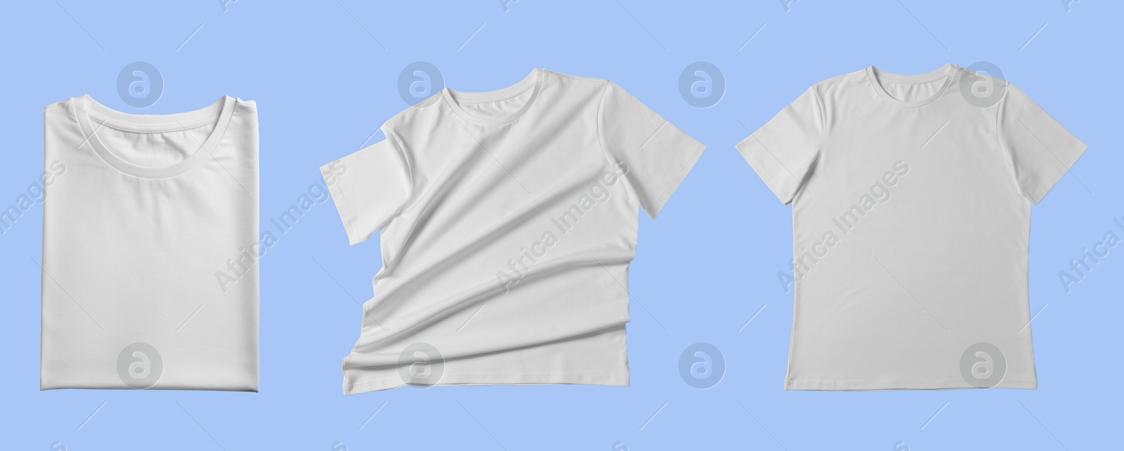 Image of Blank white t-shirts on light blue background, collage. Mockup for design