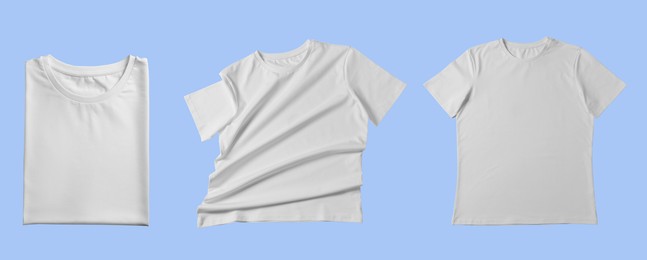 Image of Blank white t-shirts on light blue background, collage. Mockup for design