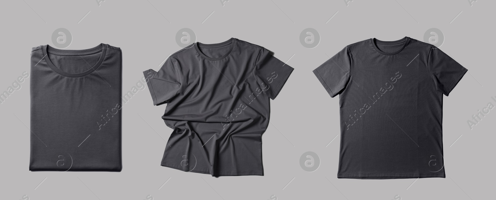 Image of Blank grey t-shirts on light grey background, collage. Mockup for design