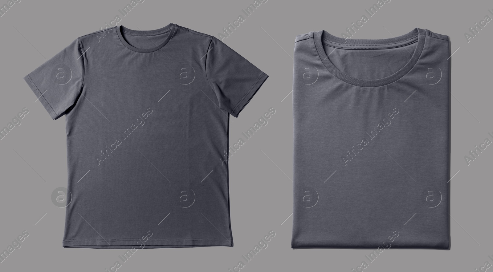 Image of Blank grey t-shirts on light grey background, collage. Mockup for design